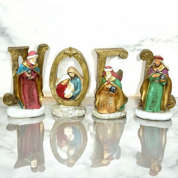 Nativity Scene NOEL Letters Christmas Decor Vintage 4 piece Resin Figurine Set - Picture 1 of 16